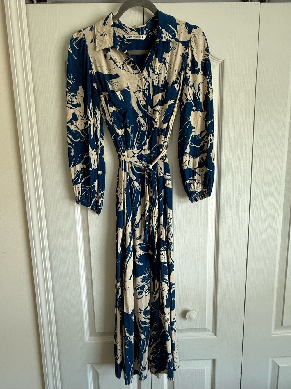 Zara Navy and Cream Floral Maxi Wrap Dress